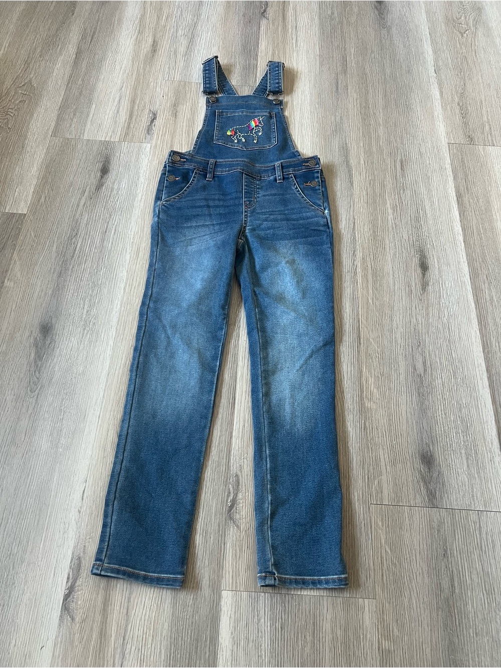 Cat & Jack Denim Blue Kids Overalls with Embroidered Rainbow Dog